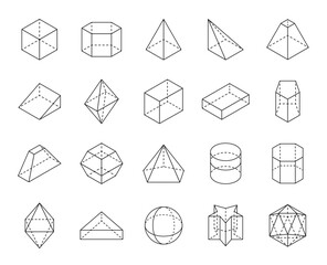 Outline geometric shape icons. Geometry and mathematics regular 3d dimensional line figures, isolated vector prism, cone, hexagon and icosahedron, star, hexagon, sphere and cylinder, octahedron - obrazy, fototapety, plakaty