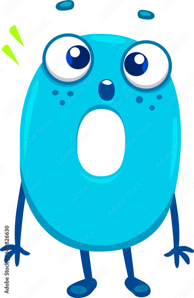 Poster cartoon funny math number zero 0 character for kids mathematics, vector icon. 0 zero number with cut