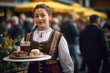Waiter serving beers in the Oktoberfest - 669826650
