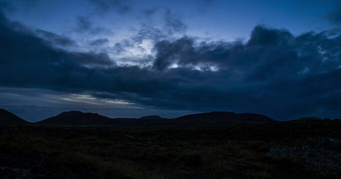 Time Lapse of Dark Clouds Over volcanic landscape at the base of Geldingadalir Volcano, Iceland