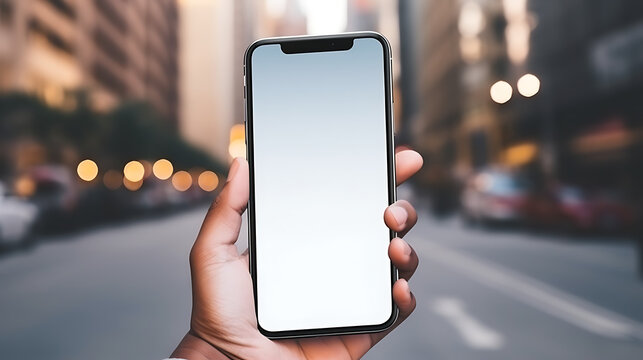 Mockup Empty, Blank Smartphone Screen, A Hand Holding The Phone, In The Middle Of New York Street