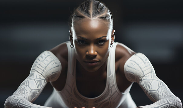 Strong athletic, beautiful African American woman. Girl wearing futuristic sportswear. Fitness, sport motivation concept. Run in energy power.