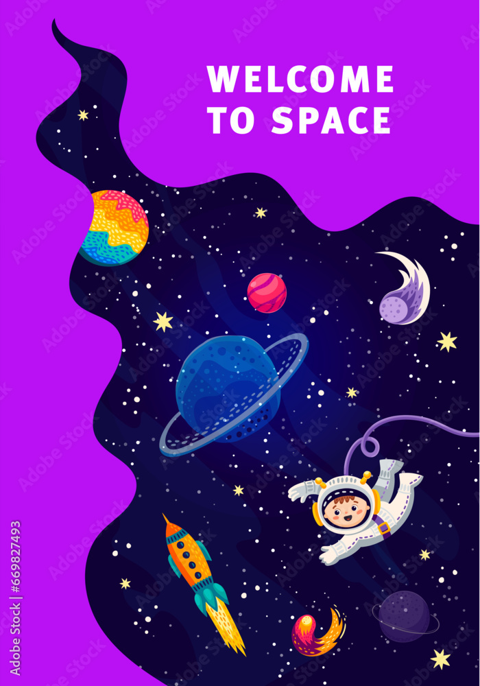 Poster space poster, landing page or flyer with kid astronaut in outer space, vector website template backg