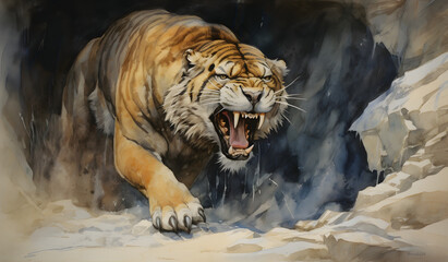 Cave saber-toothed tiger with long fangs in watercolor, 