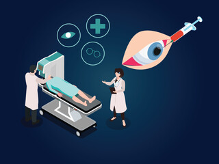 Ophthalmology, eye surgery. Ophthalmological operation treatment for eye disease isometric 3d vector concept for illustration, banner, website, landing page, flyer, etc. - obrazy, fototapety, plakaty
