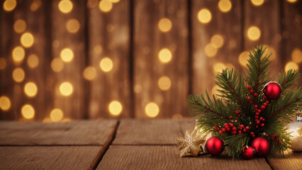 Fototapeta na wymiar Rustic Holiday Splendor: Christmas Decor on Wooden Background with Bokeh Lights