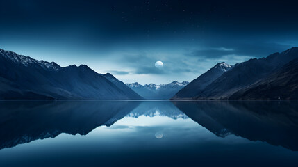A serene and minimalist capture during the blue hour, emphasizing the reflection of mountains on a calm lake with a subtle and tranquil atmosphere. 