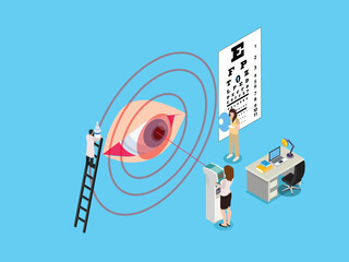 Professional Optician Exam for Laser Correction, Eye Surgery and Vision Treatment isometric 3d vector concept for illustration, banner, website, landing page, flyer, etc.
