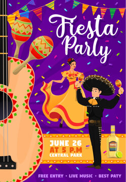 Mexican fiesta party flyer. Dancing woman and mariachi musician, maracas and musical guitar, tequila, confetti and bunting flags. Vector poster for Cinco de Mayo or Day of the Dead mexican holiday