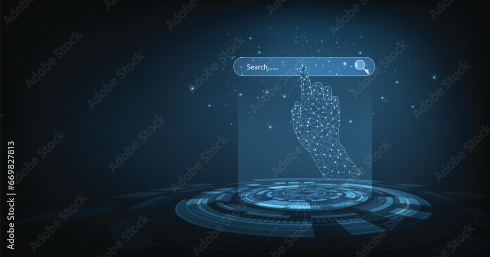 Poster Search engine optimization (SEO) concept. Using the website search bar to find the desired information. Search bar render isolated on dark blue background.