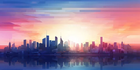 Fotobehang Abstract Cityscape at Sunset: An abstract depiction of a cityscape at sunset with a beautiful gradient sky, allowing for text insertion in the lower part of the image , abstract wallpaper background © AlexRillos
