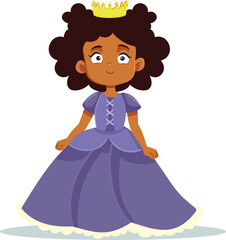 Little Princess in Purple Dress Smiling Happy Vector Character. Cheerful girl having fun enjoying a costume party
