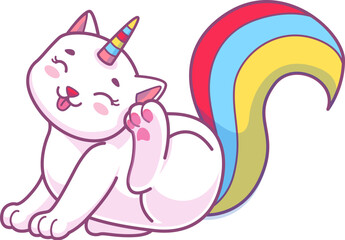 Cute kawaii caticorn, happy kitten scratching ear by paw, vector happy cat with rainbow tail, cartoon fantasy animal