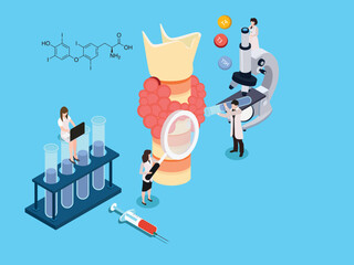 Endocrinologists diagnose and treat human thyroid gland isometric 3d vector concept for illustration, banner, website, landing page, flyer, etc.