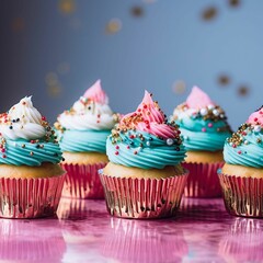 3 red velvet cupcakes with contemporary gold white and black frosting, the cupcakes are topped with beautiful elements of sugar structures, the background is a blend of blue and pink to look like unic