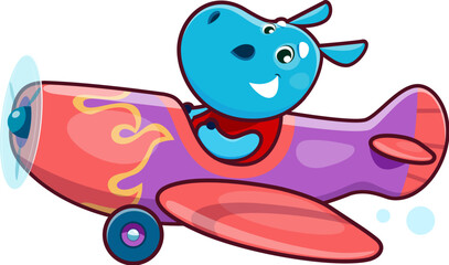 Cartoon hippo animal character on plane. Animal kid airplane pilot navigates the skies with an adventurous spirit, ready for high-flying adventures. Cute hippopotamus personage for baby shower card