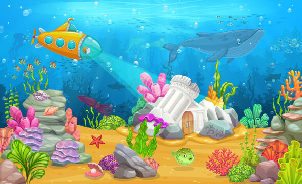 Underwater landscape with submarine bathyscaphe and ancient greek building on sea bottom, vector cartoon background. Ocean coral reef and sunken city ruins with whale, starfish and submarine boat