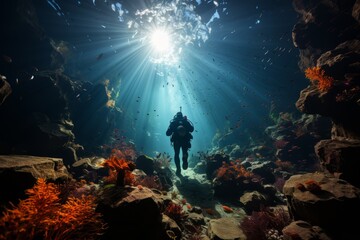 Fototapeta na wymiar underwater underworld scuba diving’s Silhouette Diver