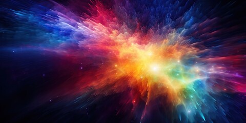 Fototapeta premium Color Explosion in Space: A burst of vibrant colors on a dark background, creating an abstract starry effect. Blank space in the bottom corner for prominent text , abstract wallpaper background