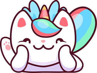 Cartoon kawaii caticorn cat and kitten pet character relax, lying with propped up cheeks. Isolated vector fantasy animal personage, sweet unicorn kitty with smiling happy face, rainbow tail and horn