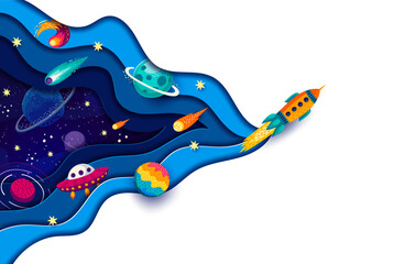 Cartoon paper cut space poster with rocket launch, galaxy planets and stars vector landscape. Rocket taking off to alien space planets with smoke and fire of 3d papercut layers, UFO, comets and stars