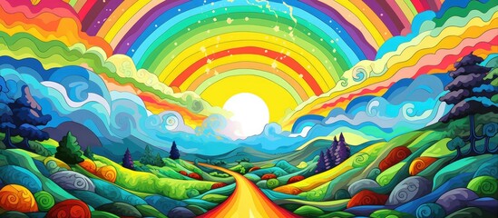 Abstract landscape with road rainbow sun and grass depicted in a surreal manner Used for coloring and background Illustrated in raster format - obrazy, fototapety, plakaty