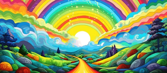 Deurstickers Abstract landscape with road rainbow sun and grass depicted in a surreal manner Used for coloring and background Illustrated in raster format © AkuAku