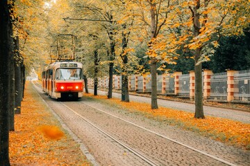 Obraz premium Old tram in the middle of an autumn alley in Prague