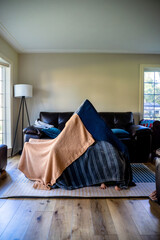 Toddler Hands Peeking Out of Blanket Fort in Living Room in Afternoon