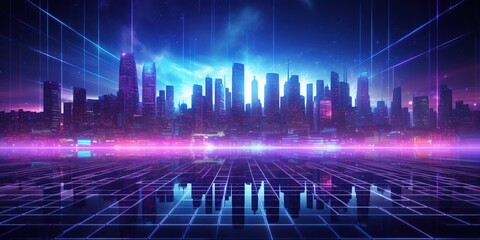 Digital Abstract City Grid: An intricate abstract grid representing a futuristic cityscape, with neon lights and circuitry, set against a cool, technologically-inspired color palette.