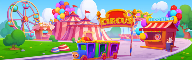Fair carnival wheel in park with circus vector background. Amusement ferris theme illustration with carousel, train and festival tent panorama landscape. Childish entertainment for vacation graphic © klyaksun