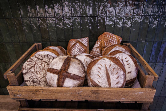 Fresh bread in a cafe in St Germain des Pres, Paris.