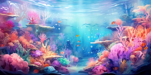 Obraz na płótnie Canvas Dreamy Underwater World: An ethereal representation of a surreal underwater world, featuring vibrant marine life, coral formations, and gentle currents in a vivid and enchanting color palette