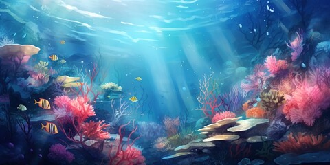 Dreamy Underwater World: An ethereal representation of a surreal underwater world, featuring vibrant marine life, coral formations, and gentle currents in a vivid and enchanting color palette