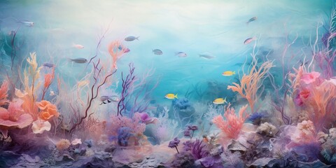 Fototapeta na wymiar Dreamy Underwater World: An ethereal representation of a surreal underwater world, featuring vibrant marine life, coral formations, and gentle currents in a vivid and enchanting color palette