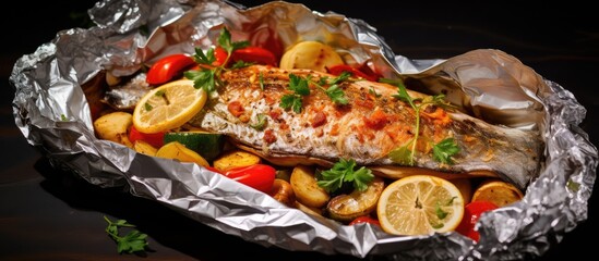 Trout and veggies baked in foil