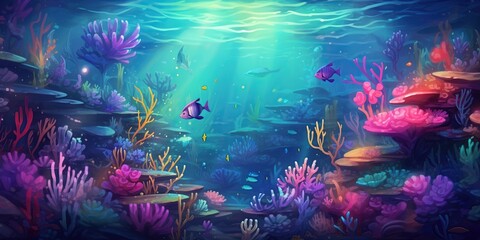 Obraz na płótnie Canvas Dreamy Underwater World: An ethereal representation of a surreal underwater world, featuring vibrant marine life, coral formations, and gentle currents in a vivid and enchanting color palette.