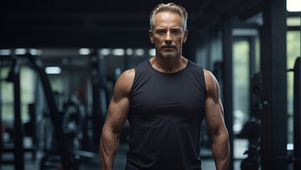 Fototapeta na wymiar Muscular middle age man in a perfect shape. Athletic portrait in a gym. Exercise and health concept. Beautifully aging idea. With copy space.