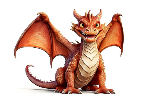 Orange colored dragon with angry expression, wings and sharp claws isolated on white background