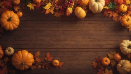 Minimal flat lay thanksgiving background with pumpkins, fallen leaves and berries. Abstract seasonal and holiday concept. Culture concept. With copy space.