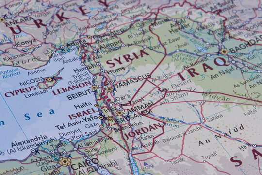 Syria, Lebanon, Israel and other Middle East countries  on map, macro, focus on Israel.