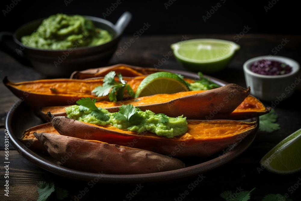 Wall mural Delicious roasted sweet potato wedges served with homemade guacamole. Generative AI - Wall murals