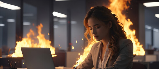 Beautiful woman working on laptop, while office is on fire. Abstract business and work concept. stress and problem solving idea. With copy space.