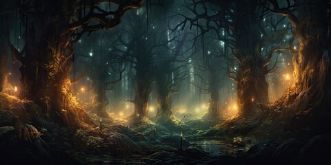 nchanted Enigma of the Forest: An enigmatic representation of a magical forest with misty, glowing pathways, mysterious trees, and soft earthy tones, invoking a sense of enchantment and mystery  - obrazy, fototapety, plakaty