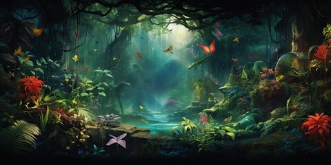 Enchanted Enigma of the Jungle: An enigmatic representation of an enchanted jungle, featuring lush foliage, mysterious creatures, and vibrant, exotic hues, invoking a sense of adventure and wonder - obrazy, fototapety, plakaty