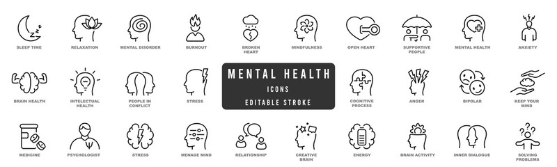 Mental health line icon set. Anxiety, stress, psychology, brain etc symbols. Editable stroke - obrazy, fototapety, plakaty