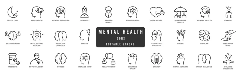 Deurstickers Mental health line icon set. Anxiety, stress, psychology, brain etc symbols. Editable stroke © tutti_frutti
