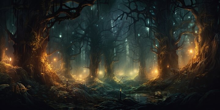 nchanted Enigma of the Forest: An enigmatic representation of a magical forest with misty, glowing pathways, mysterious trees, and soft earthy tones, invoking a sense of enchantment and mystery 