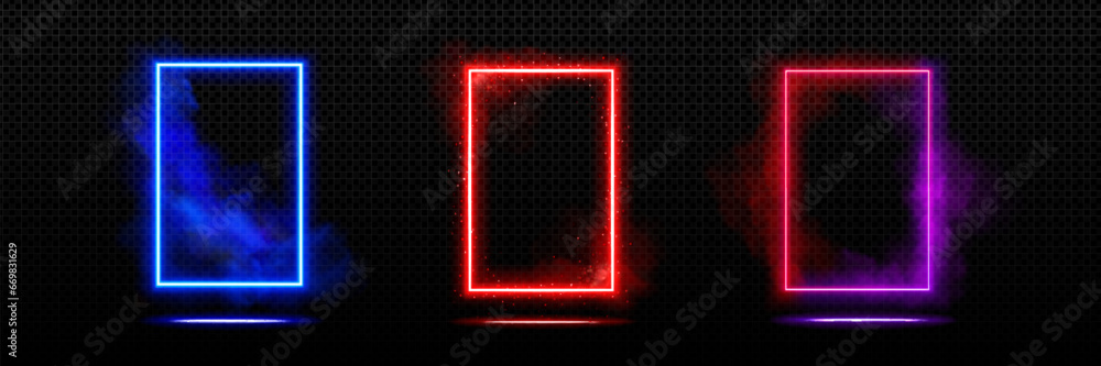 Poster neon futuristic door frame with glowing and steam effect. realistic vector illustration set of illum