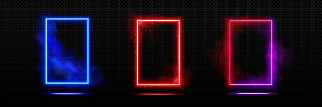 Neon futuristic door frame with glowing and steam effect. Realistic vector illustration set of illuminated blue, red and purple led rectangular portal with fog and sparkles on black background.